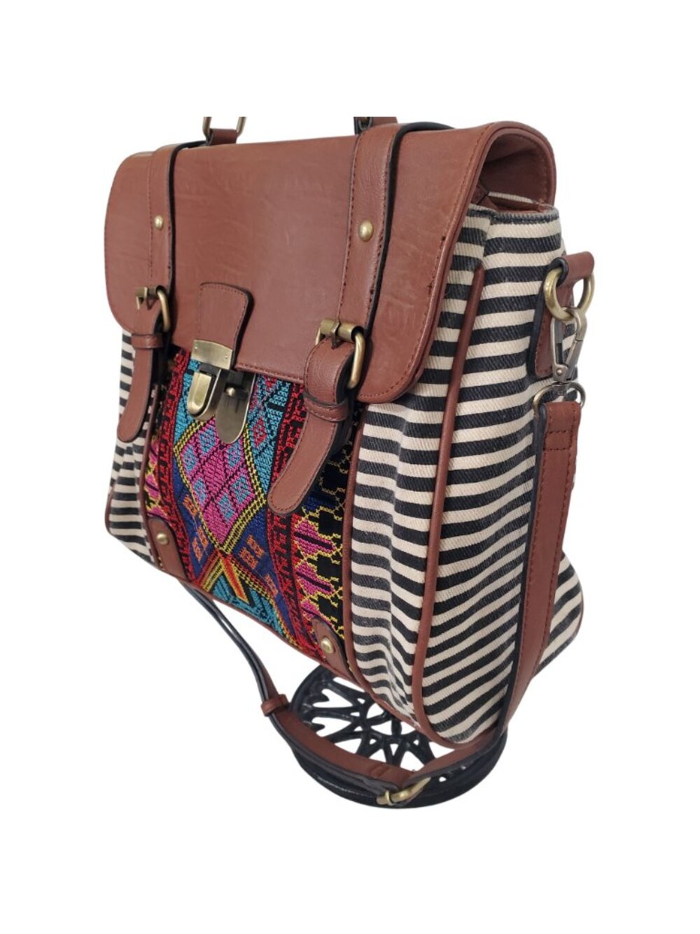 Jen & Co Bag Satchel Striped Aztec Embroidered Vegan Leather Boho Chic Purse - Picture 5 of 16